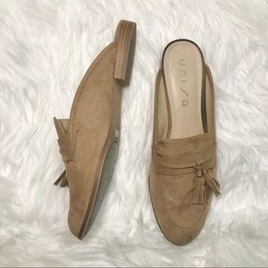 Unisa Tan Suede Mule Loafers with Tassels